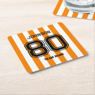Orange Sports Team Custom Name Number Team Gameday Square Paper Coaster