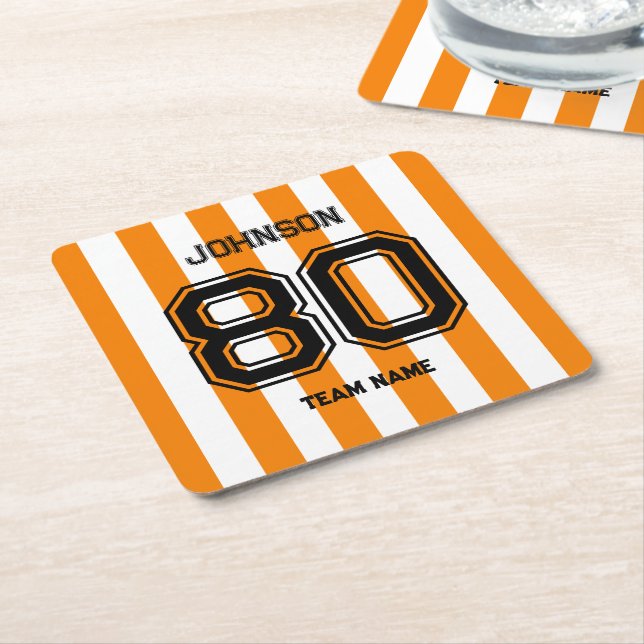 Orange Sports Team Custom Name Number Team Gameday Square Paper Coaster (Angled)