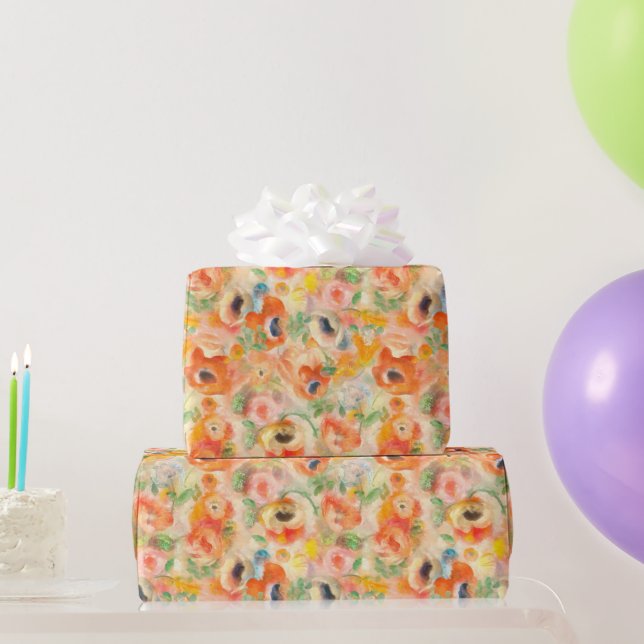 Orange Spring Flowers Pattern Wrapping Paper (Party Gifts)