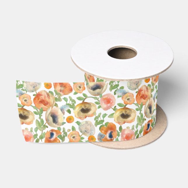 Orange Spring Flowers Satin Ribbon (Spool)