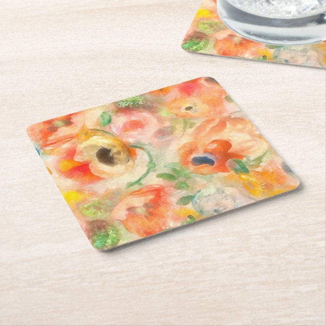 Orange Spring Flowers Square Paper Coaster (Angled)