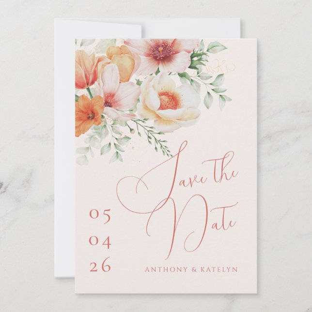 Orange Spring Summer Peach Floral Wedding Save The Date (Front)
