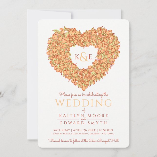 Orange spring tulips flower heart art wedding invitation (Front)
