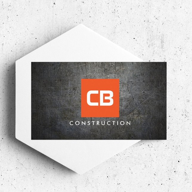 Orange Square Monogram Grunge Metal Construction Business Card (Creator Uploaded)