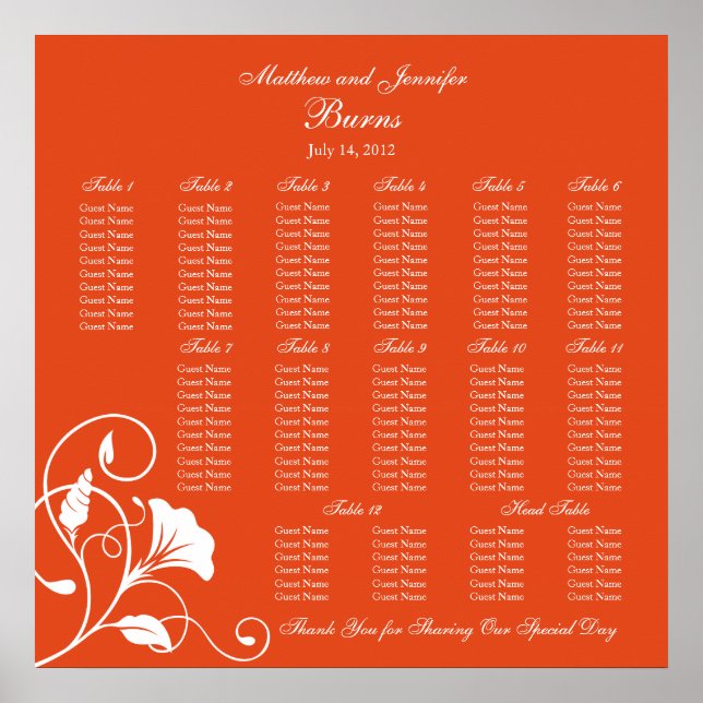 Orange Square Wedding Reception Seating Chart (Front)