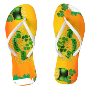 Orange St Patricks Day Shamrock Pot o' Gold Flag Flip Flops