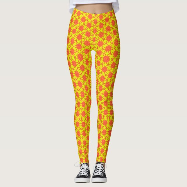 Orange Starburst Flower on Yellow  Leggings (Front)