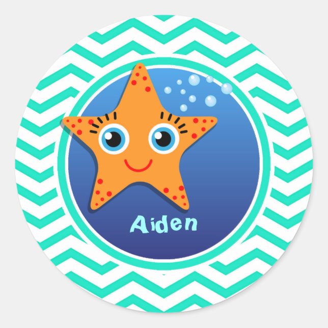 Orange Starfish; Aqua Green Chevron Classic Round Sticker (Front)