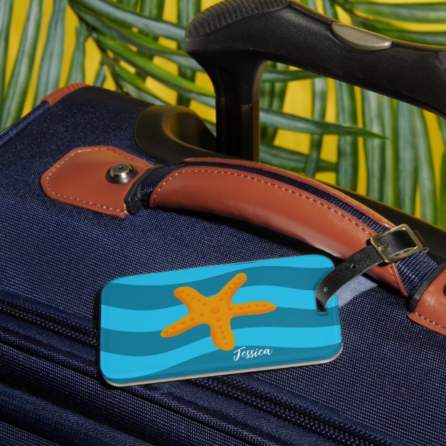 Orange Starfish Blue Waves Luggage Tag (Front Insitu 3)