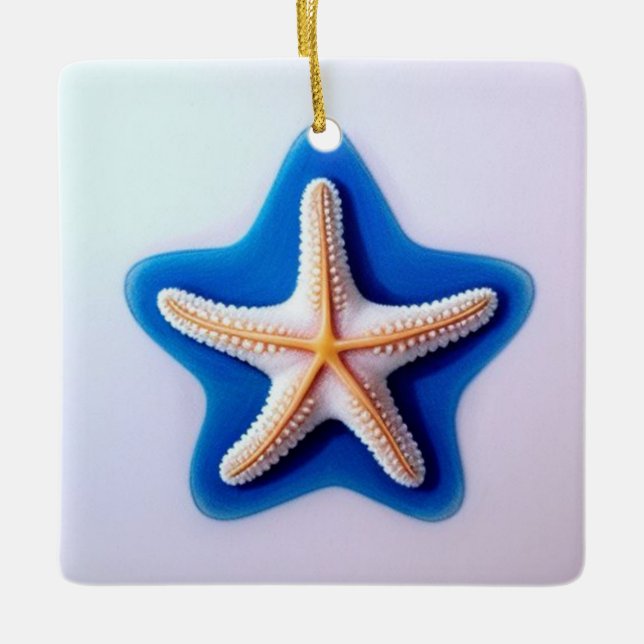 Orange Starfish in Blue Ceramic Ornament (Front)