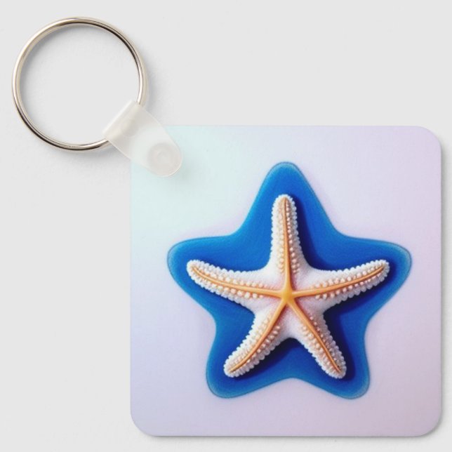 Orange Starfish in Blue Keychain (Front)