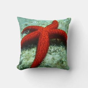 Orange Starfish Nautical Beach Throw Pillow