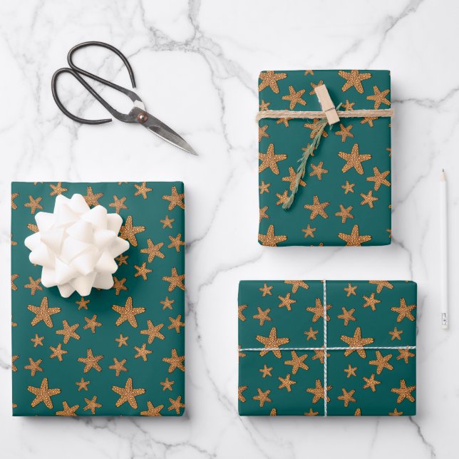 Orange Starfish Pattern Wrapping Paper Sheet (Front)