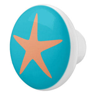 Orange Starfish turquoise beach theme ceramic knob