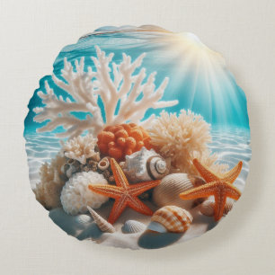 Orange Starfish Under The Ocean  Round Pillow