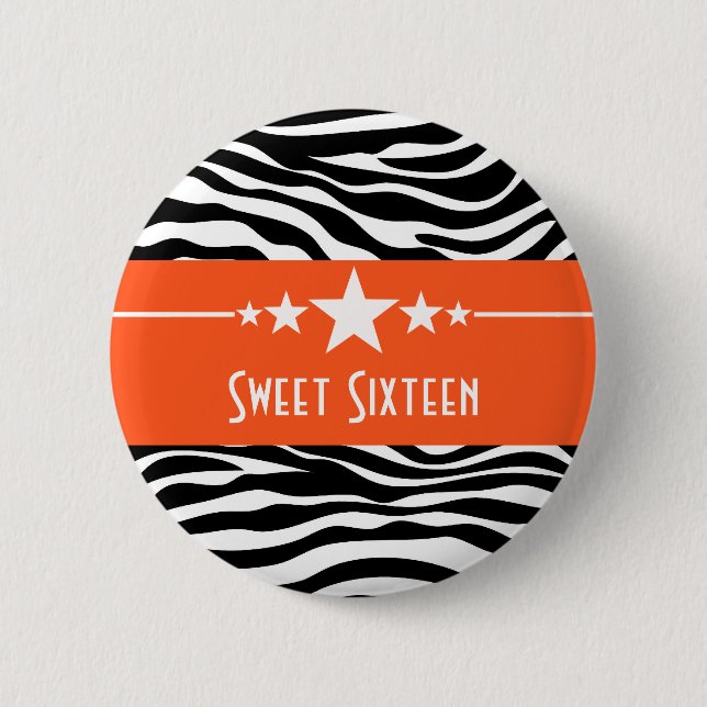 Orange Stars Zebra Print Sweet 16 Button (Front)