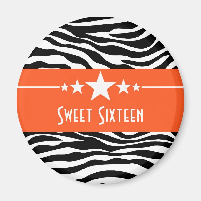 Orange Stars Zebra Print Sweet 16 Magnet (Front)