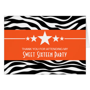 Orange Stars Zebra Print Sweet 16 Thank You Card