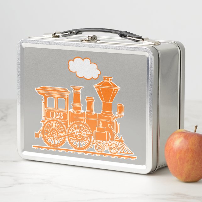 Orange steam loco train kids name lunch box (In Situ)