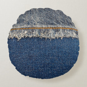 Orange Stitch, Double Denim Patch. Round Pillow