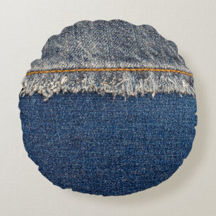 Orange Stitch, Double Denim Patch. Round Pillow