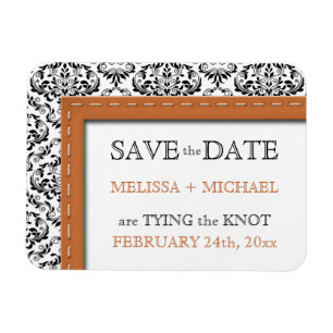Orange Stitched Damask flat Save the Date Magnet