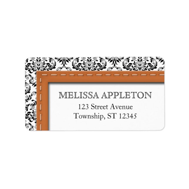 Orange Stitched Damask Personalized Address Labels (Front)