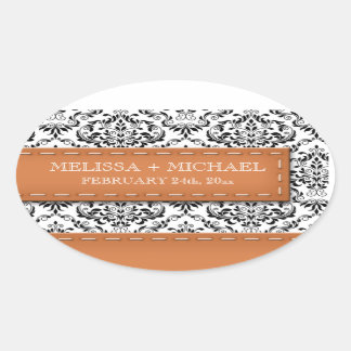 Orange Stitched Damask Wedding Large Favour Sticke Oval Sticker