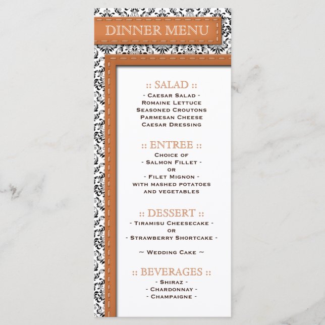 Orange Stitched Damask Wedding Reception Menu (Front)