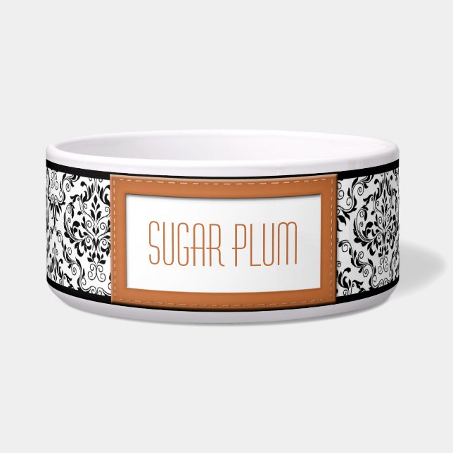 Orange Stitched Label Design Damask Dog Bowl (Front)