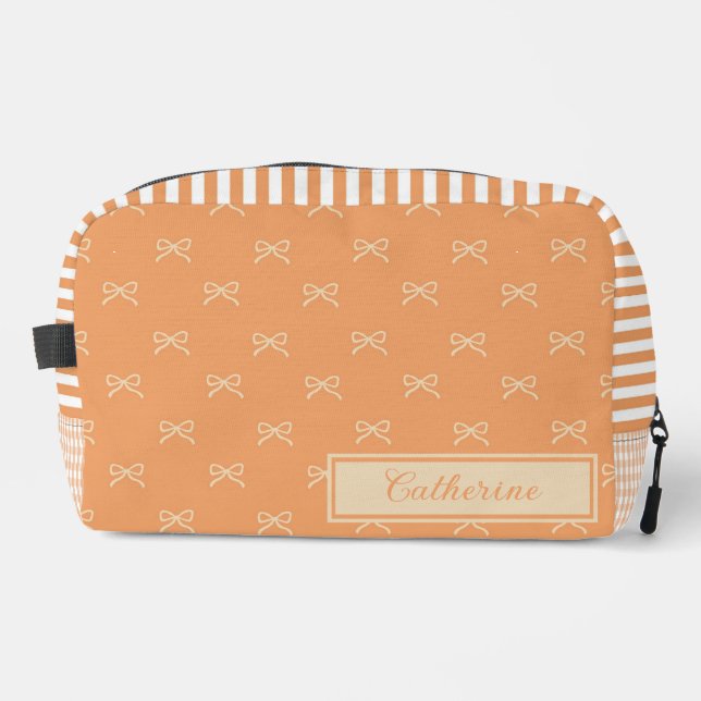 Orange Stripe Bow Pattern Coquette Cosmetic Dopp Kit (Front)