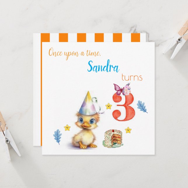 Orange Stripe Chick Birthday Invitation Cards (Front/Back In Situ)