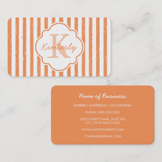 Orange Stripe Monogram Name Design Business Card (Front/Back)