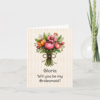 Orange Stripe Whimsical Flower Bridesmaid Proposal Card