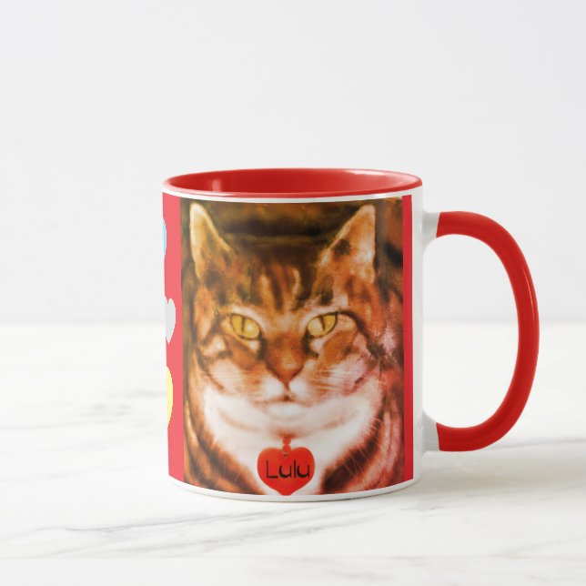 Orange striped Cat Red Trim with heart Mug (Right)