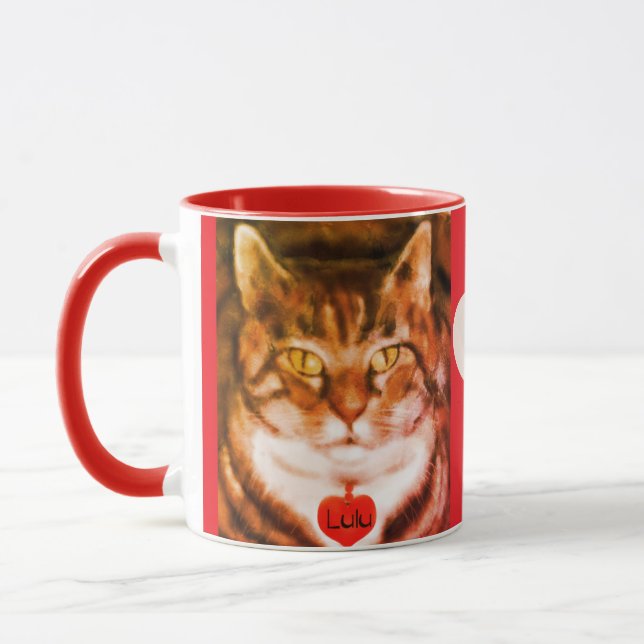 Orange striped Cat Red Trim with heart Mug (Left)