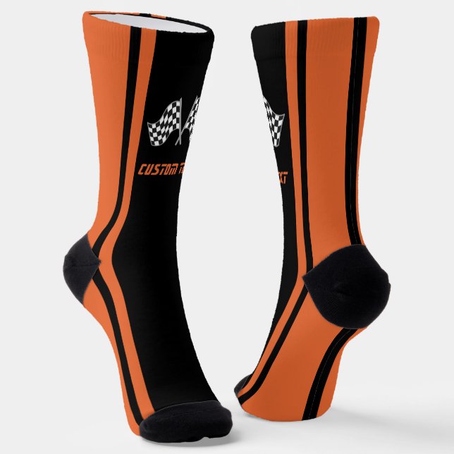 Orange Striped Racing Car Flags - Personalized Socks (Angled)