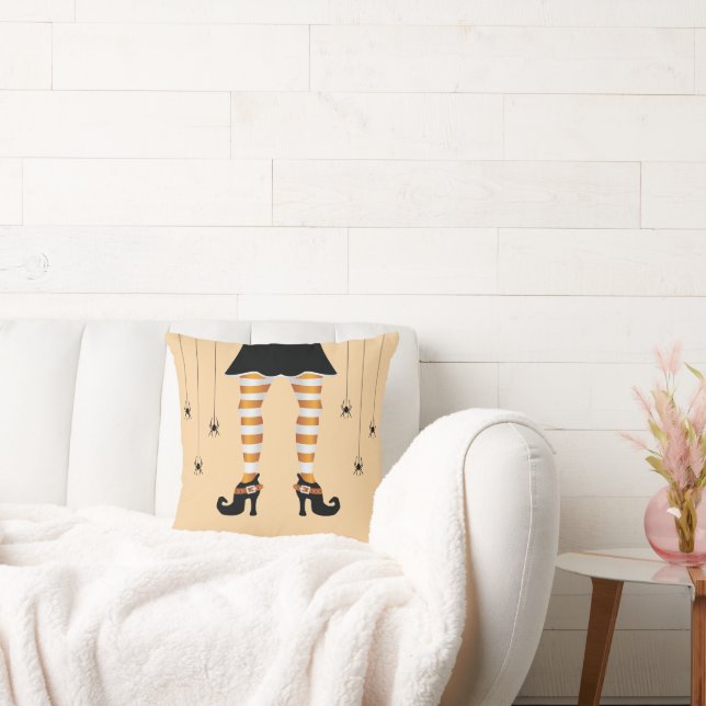 Orange Striped Witch Legs And Spiders Halloween Throw Pillow (Couch)
