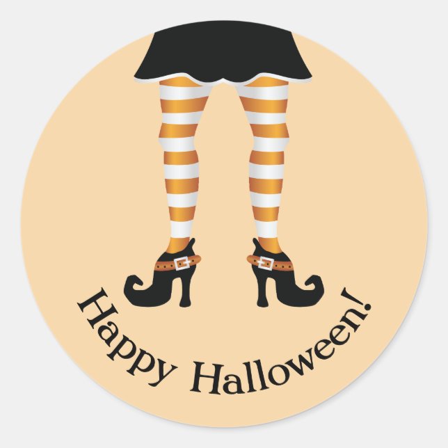 Orange Striped Witch Legs Happy Halloween Text Classic Round Sticker (Front)
