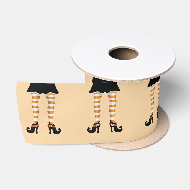 Orange Striped Witch Legs In High Heels Halloween Satin Ribbon (Spool)