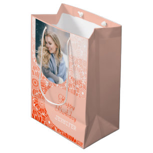 Orange Stripes Arch Photo Floral Birthday Medium Gift Bag
