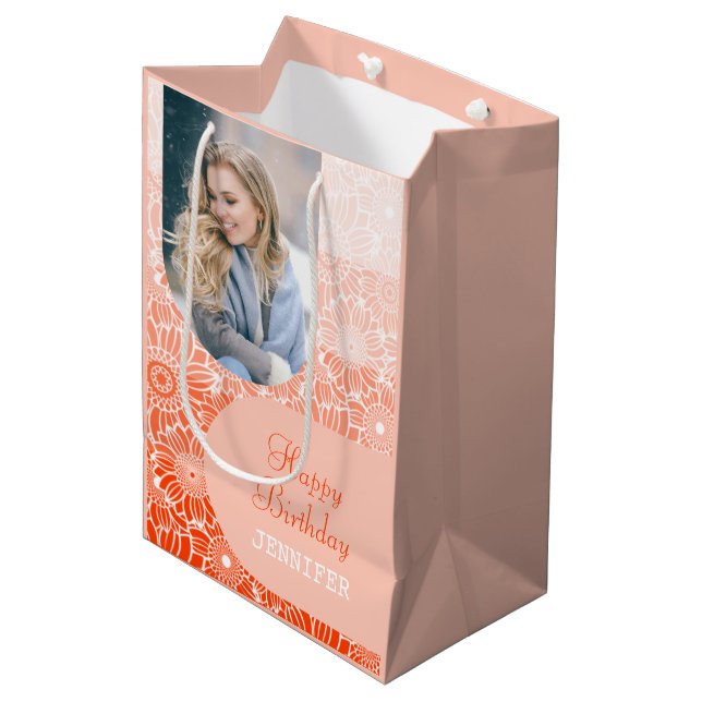 Orange Stripes Arch Photo Floral Birthday  Medium Gift Bag (Front Angled)