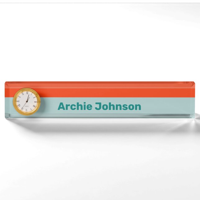 Orange Stripes Desk Nameplate with Clock (Front)