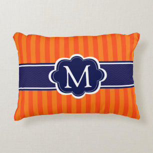Orange Stripes Navy Blue Custom Monogram Initial Decorative Pillow