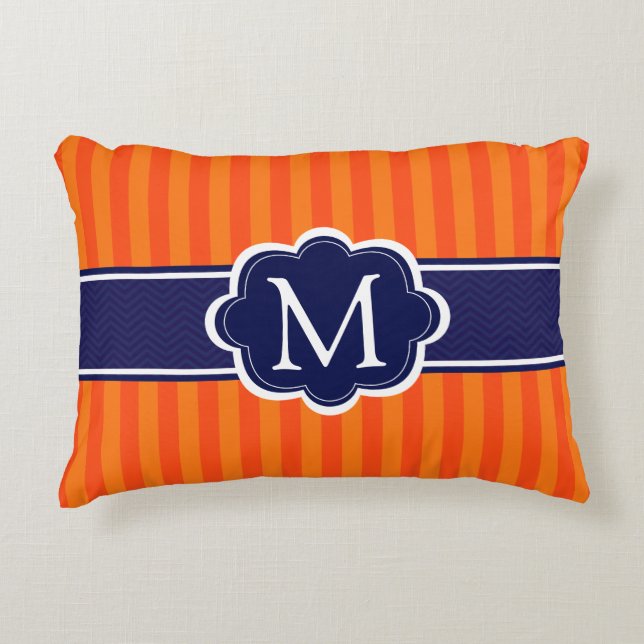 Orange Stripes Navy Blue Custom Monogram Initial Decorative Pillow (Front)