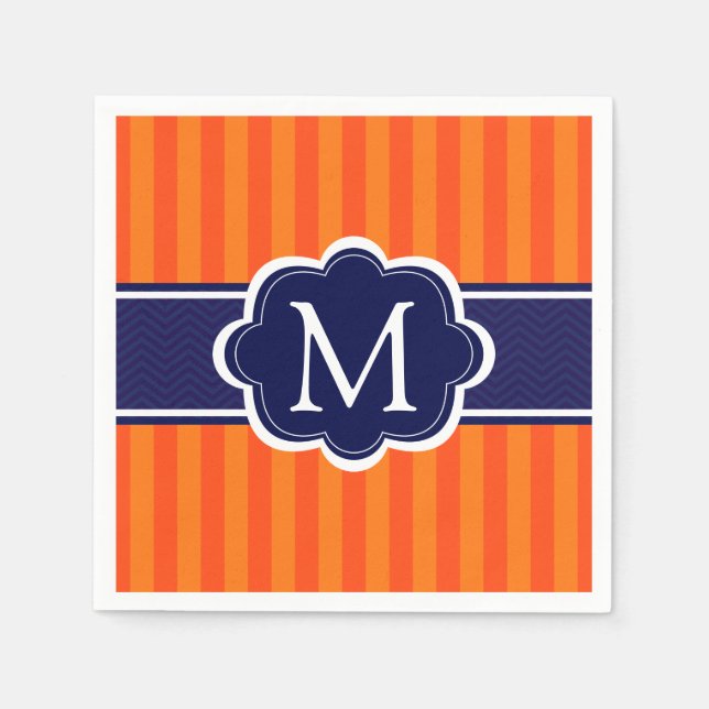 Orange Stripes Navy Blue Custom Monogram Initial Napkin (Front)