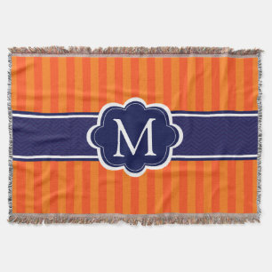 Orange Stripes Navy Blue Custom Monogram Initial Throw Blanket