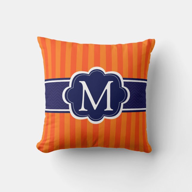 Orange Stripes Navy Blue Custom Monogram Initial Throw Pillow (Front)