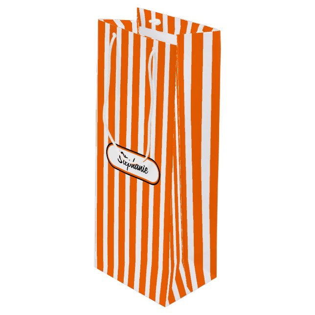 Orange Stripes Pattern Personalised Wine Gift Bag (Front Angled)