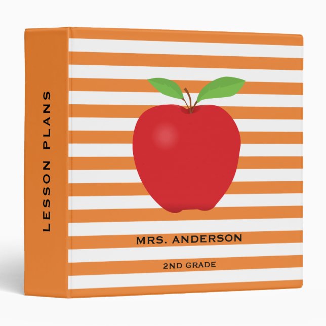 Orange Stripes Red Apple Personalized Teacher Binder (Front/Spine)